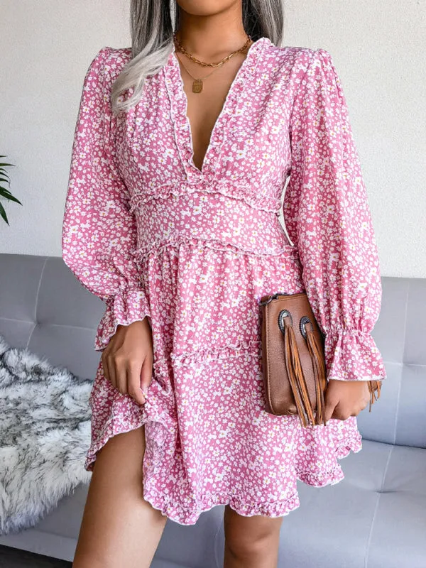 Floral Print V-neck Chiffon Mini Dress with Wood Ear Design