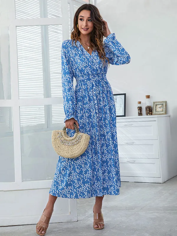 Floral Print V-neck Midi Dress with High Waist and Split