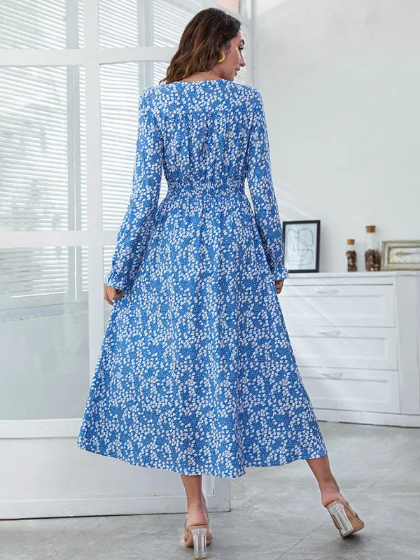 Floral Print V-neck Midi Dress with High Waist and Split