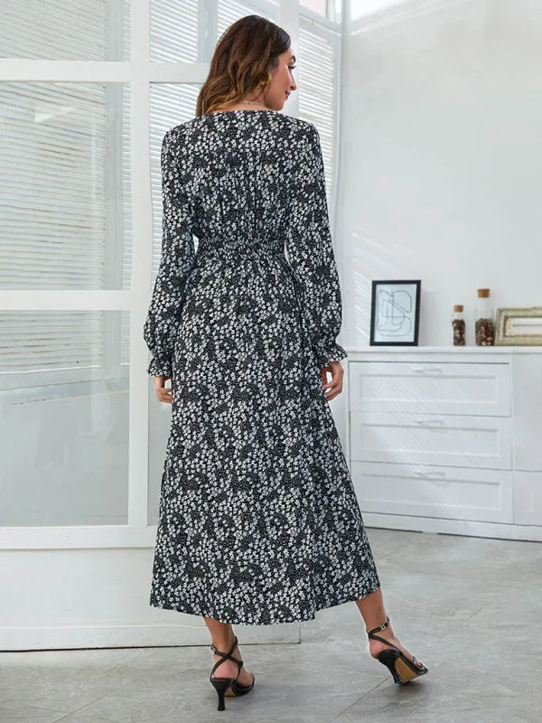 Floral Print V-neck Midi Dress with High Waist and Split