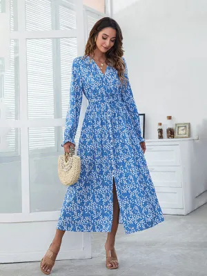 Floral Print V-neck Midi Dress with High Waist and Split