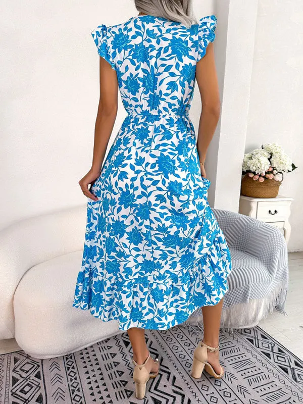Floral Print V-Neck Midi Dress with Ruffled Sleeves and Waistband