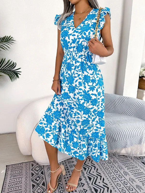 Floral Print V-Neck Midi Dress with Ruffled Sleeves and Waistband