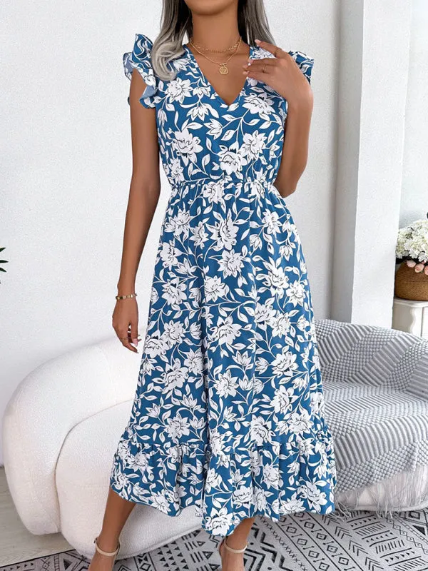 Floral Print V-Neck Midi Dress with Ruffled Sleeves and Waistband