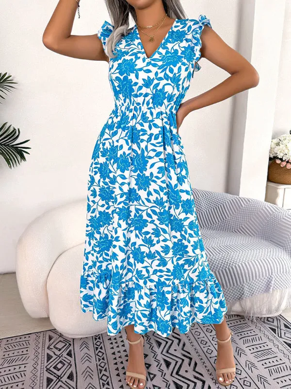 Floral Print V-Neck Midi Dress with Ruffled Sleeves and Waistband