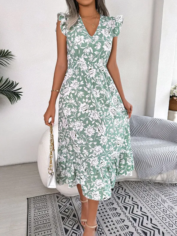 Floral Print V-Neck Midi Dress with Ruffled Sleeves and Waistband