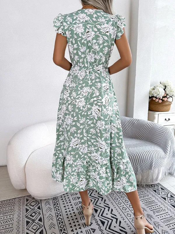 Floral Print V-Neck Midi Dress with Ruffled Sleeves and Waistband