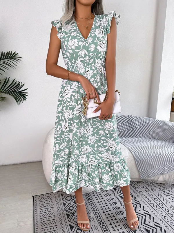 Floral Print V-Neck Midi Dress with Ruffled Sleeves and Waistband