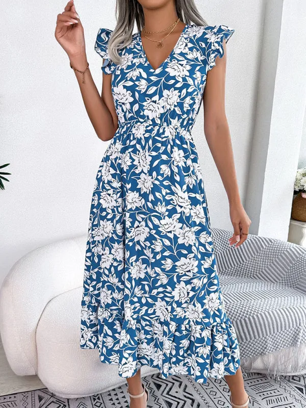 Floral Print V-Neck Midi Dress with Ruffled Sleeves and Waistband