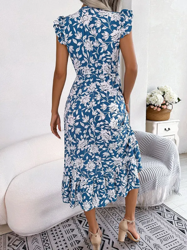 Floral Print V-Neck Midi Dress with Ruffled Sleeves and Waistband