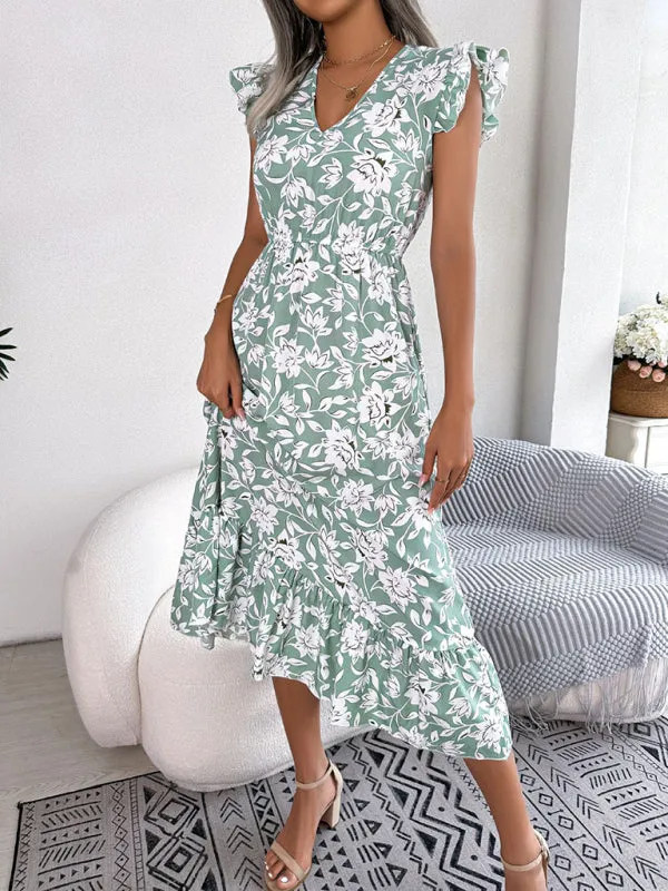 Floral Print V-Neck Midi Dress with Ruffled Sleeves and Waistband