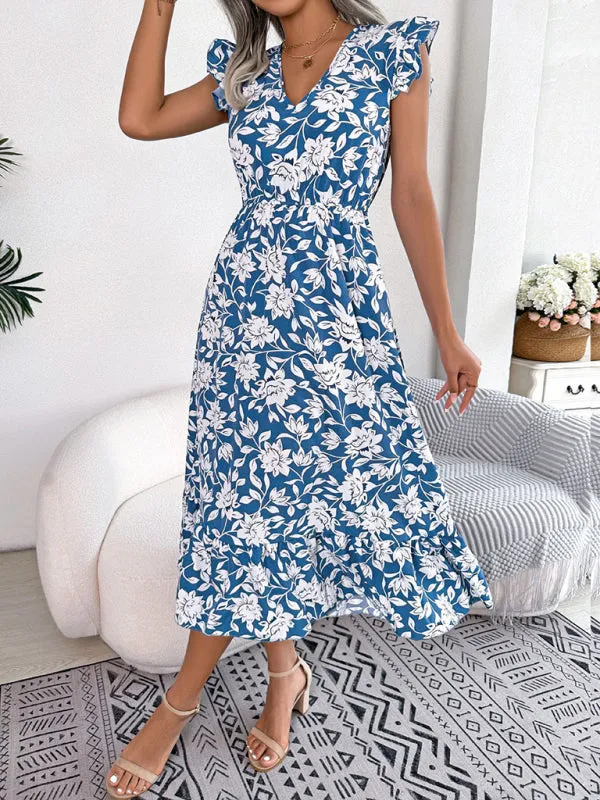 Floral Print V-Neck Midi Dress with Ruffled Sleeves and Waistband