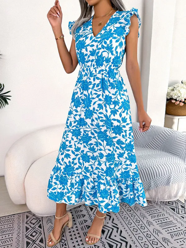 Floral Print V-Neck Midi Dress with Ruffled Sleeves and Waistband