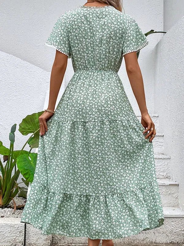 Floral Print V-Neck Midi Dress with Waist Tie