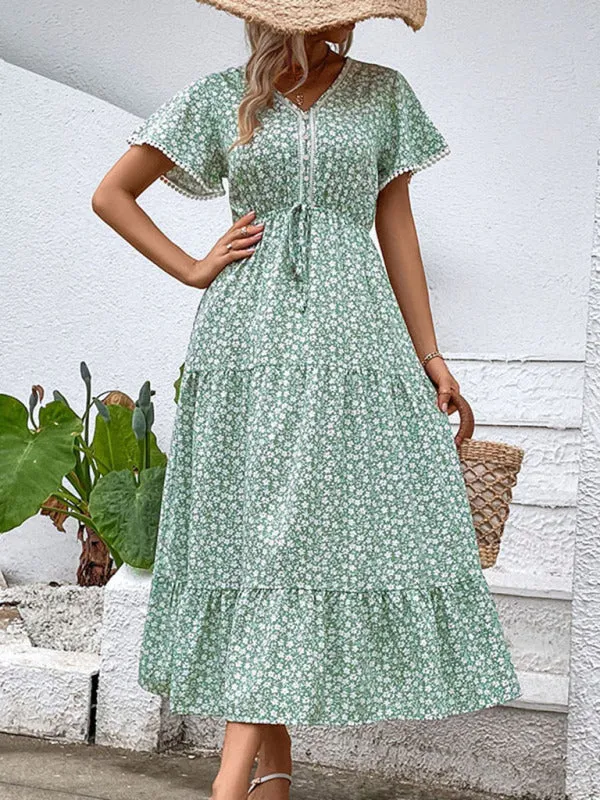 Floral Print V-Neck Midi Dress with Waist Tie