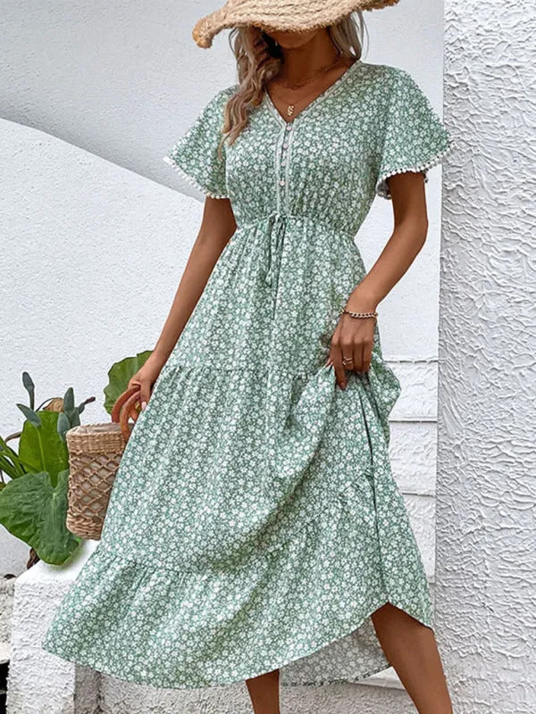 Floral Print V-Neck Midi Dress with Waist Tie