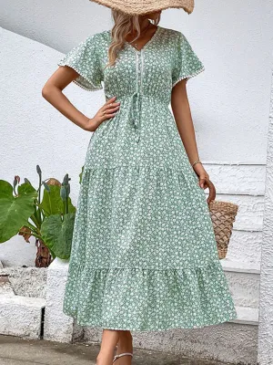 Floral Print V-Neck Midi Dress with Waist Tie