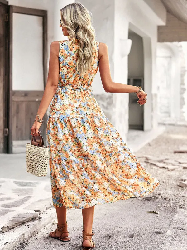 Floral Print Wrap-Style Midi Dress with Belted Waist