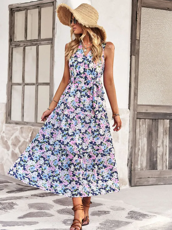 Floral Print Wrap-Style Midi Dress with Belted Waist