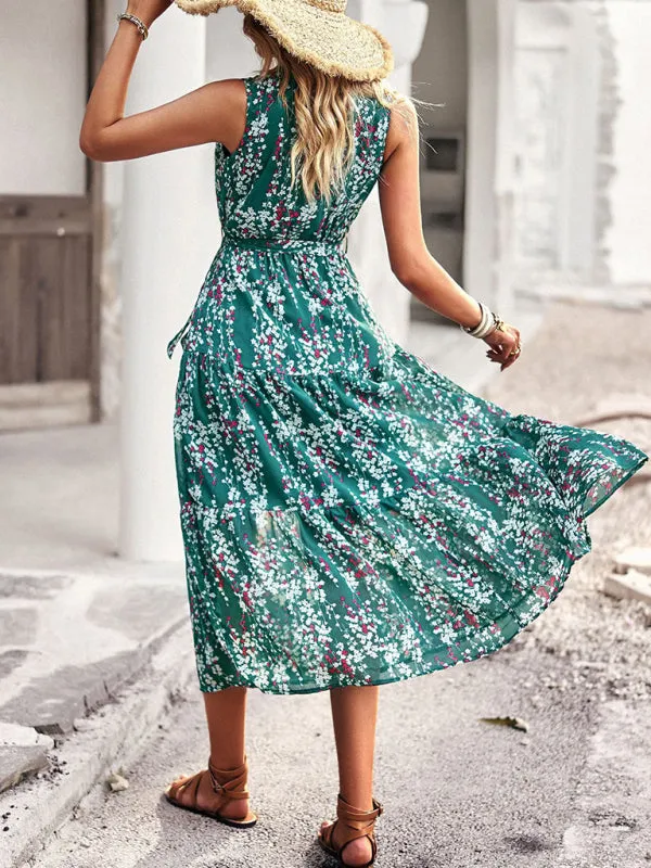 Floral Print Wrap-Style Midi Dress with Belted Waist