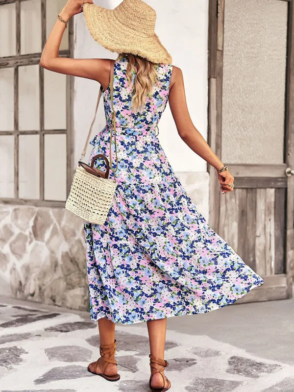 Floral Print Wrap-Style Midi Dress with Belted Waist