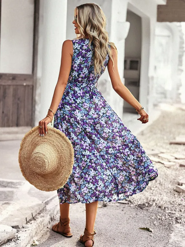 Floral Print Wrap-Style Midi Dress with Belted Waist