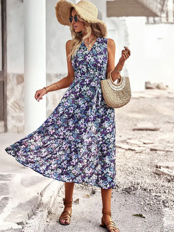 Floral Print Wrap-Style Midi Dress with Belted Waist