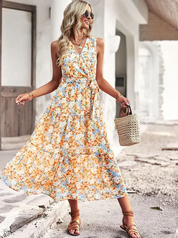 Floral Print Wrap-Style Midi Dress with Belted Waist