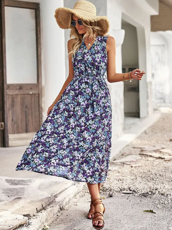Floral Print Wrap-Style Midi Dress with Belted Waist