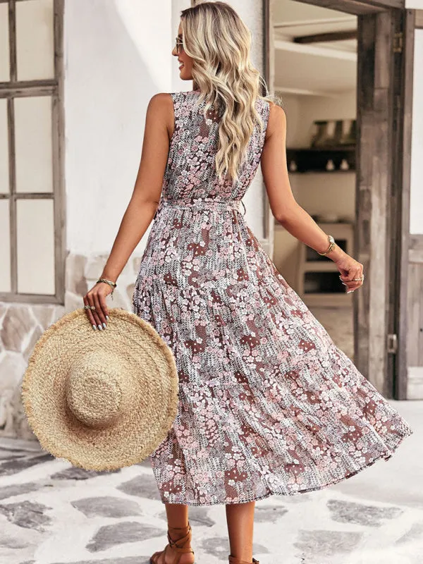 Floral Print Wrap-Style Midi Dress with Belted Waist