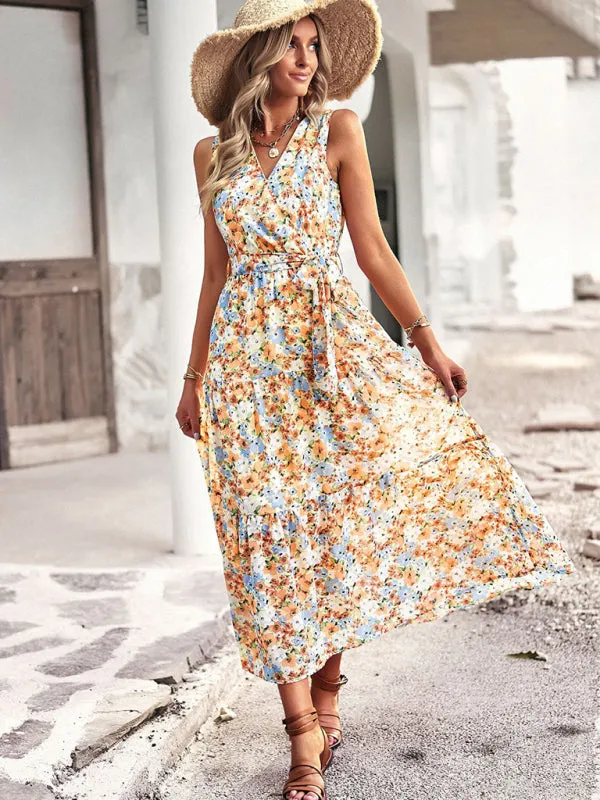 Floral Print Wrap-Style Midi Dress with Belted Waist