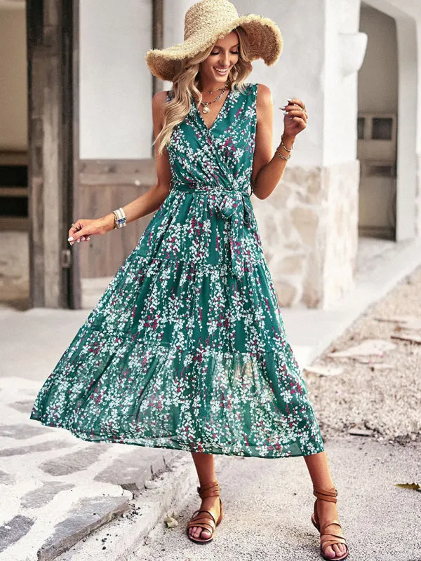 Floral Print Wrap-Style Midi Dress with Belted Waist