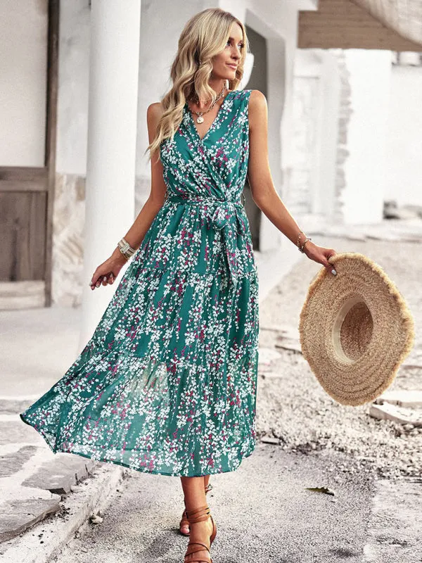 Floral Print Wrap-Style Midi Dress with Belted Waist