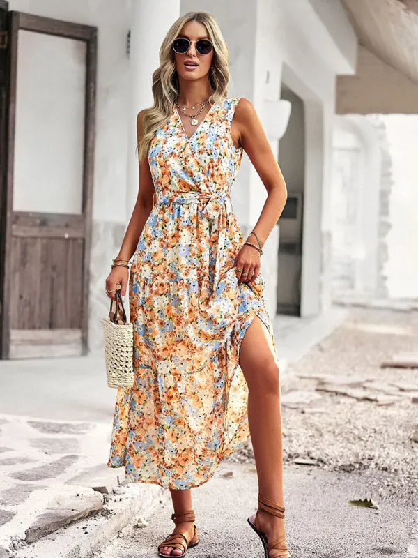 Floral Print Wrap-Style Midi Dress with Belted Waist