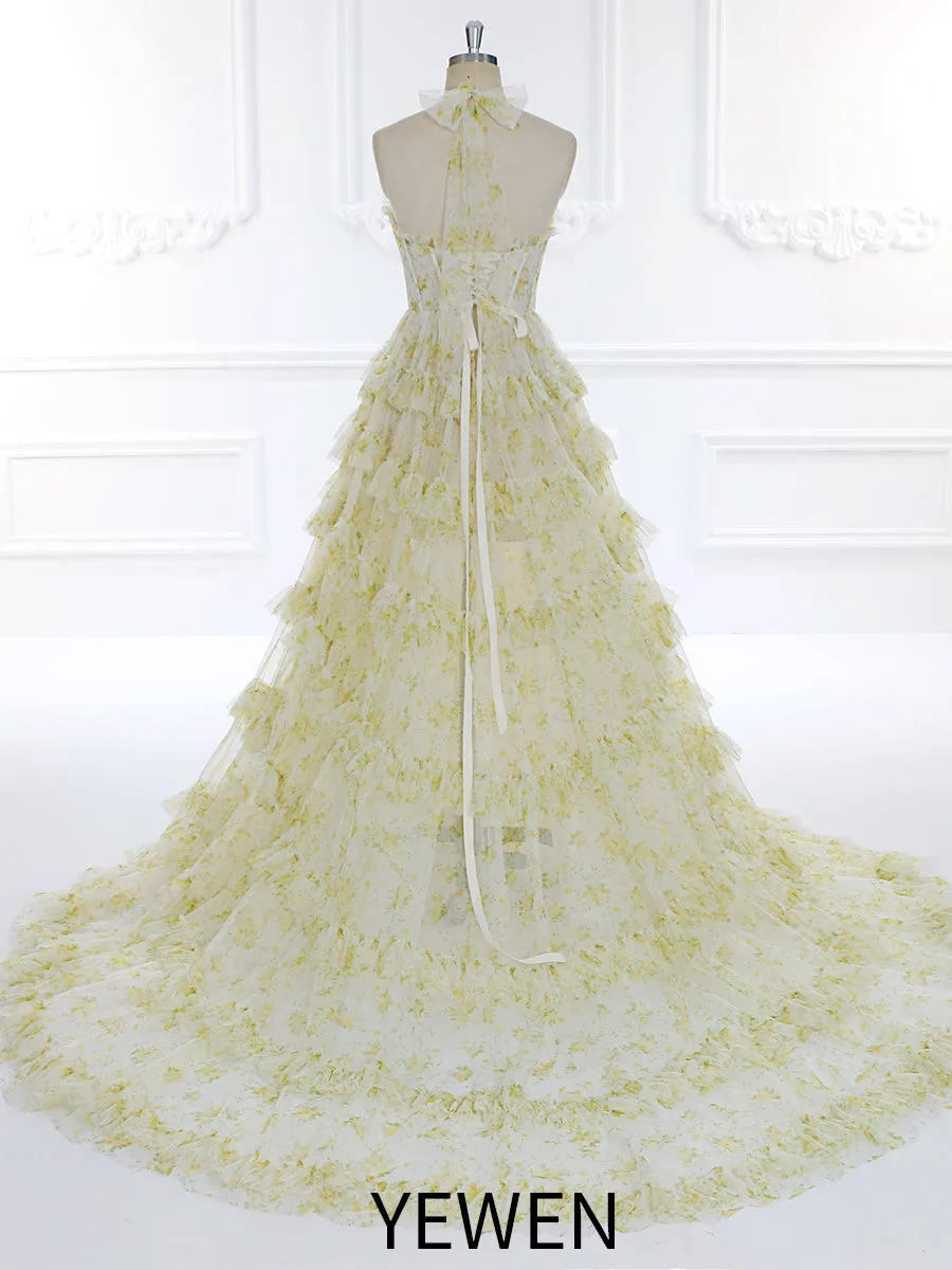 Floral Tulle Print Prom Gown with High Neckline Sheer Corset Bodice and Ruffle Skirt Photography Dresses YW231102