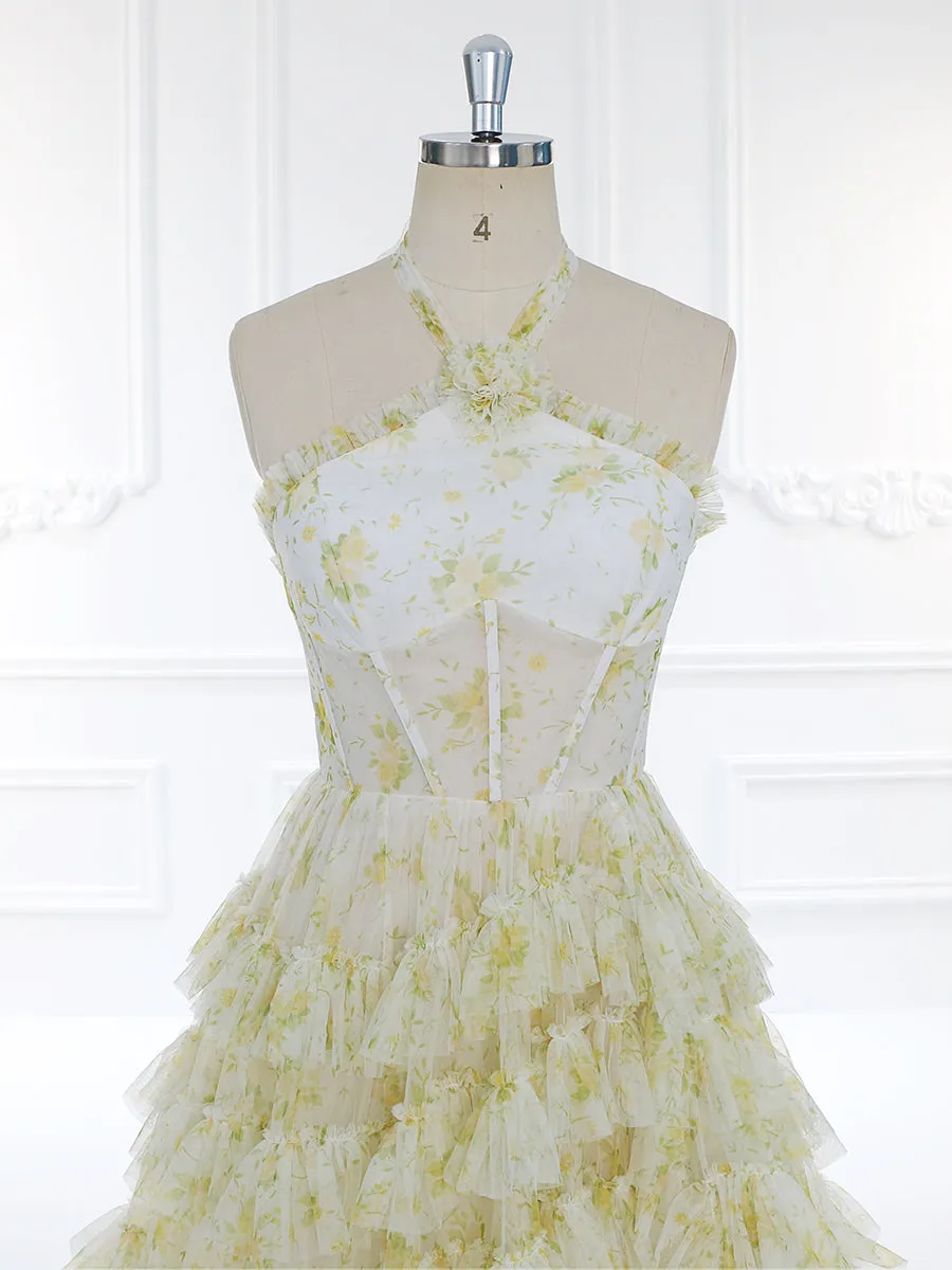 Floral Tulle Print Prom Gown with High Neckline Sheer Corset Bodice and Ruffle Skirt Photography Dresses YW231102