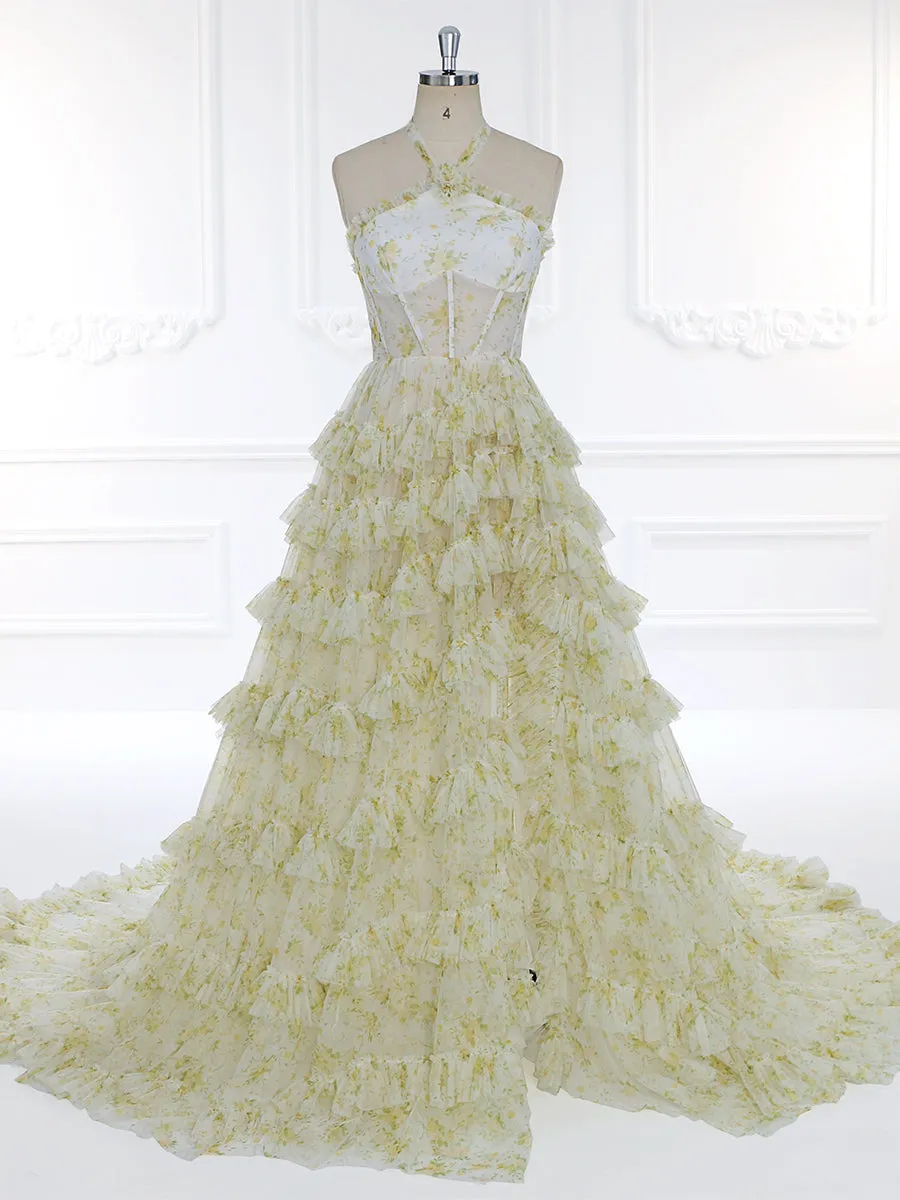 Floral Tulle Print Prom Gown with High Neckline Sheer Corset Bodice and Ruffle Skirt Photography Dresses YW231102