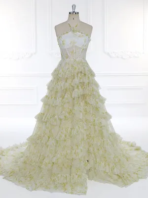Floral Tulle Print Prom Gown with High Neckline Sheer Corset Bodice and Ruffle Skirt Photography Dresses YW231102