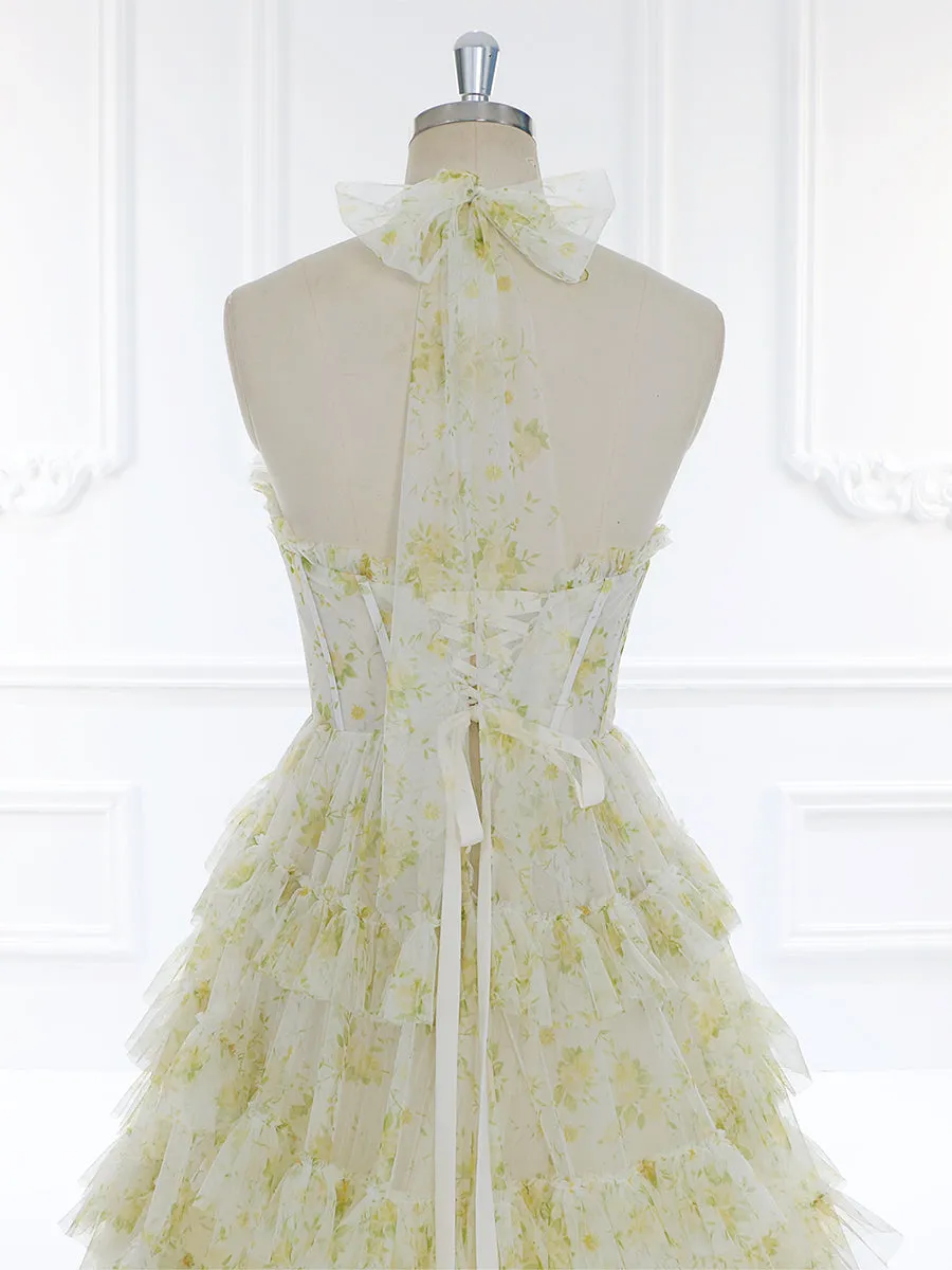 Floral Tulle Print Prom Gown with High Neckline Sheer Corset Bodice and Ruffle Skirt Photography Dresses YW231102