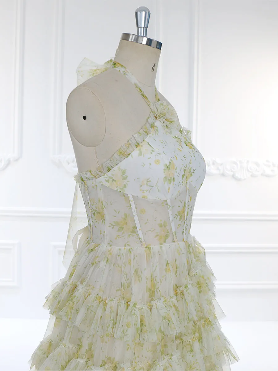 Floral Tulle Print Prom Gown with High Neckline Sheer Corset Bodice and Ruffle Skirt Photography Dresses YW231102