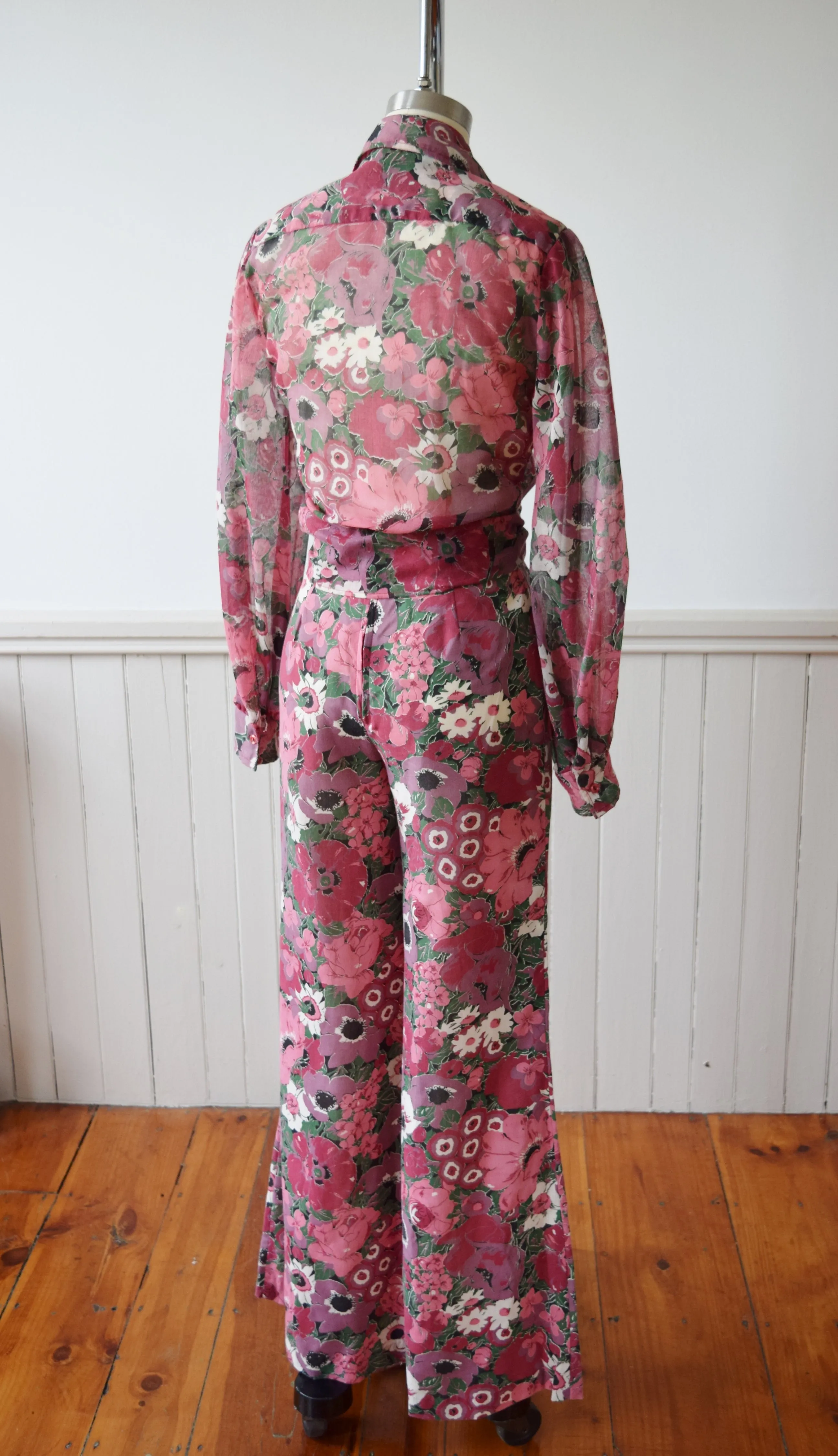 Floral Wide Leg Bellbottoms and Top | 1970s | XS