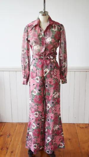 Floral Wide Leg Bellbottoms and Top | 1970s | XS