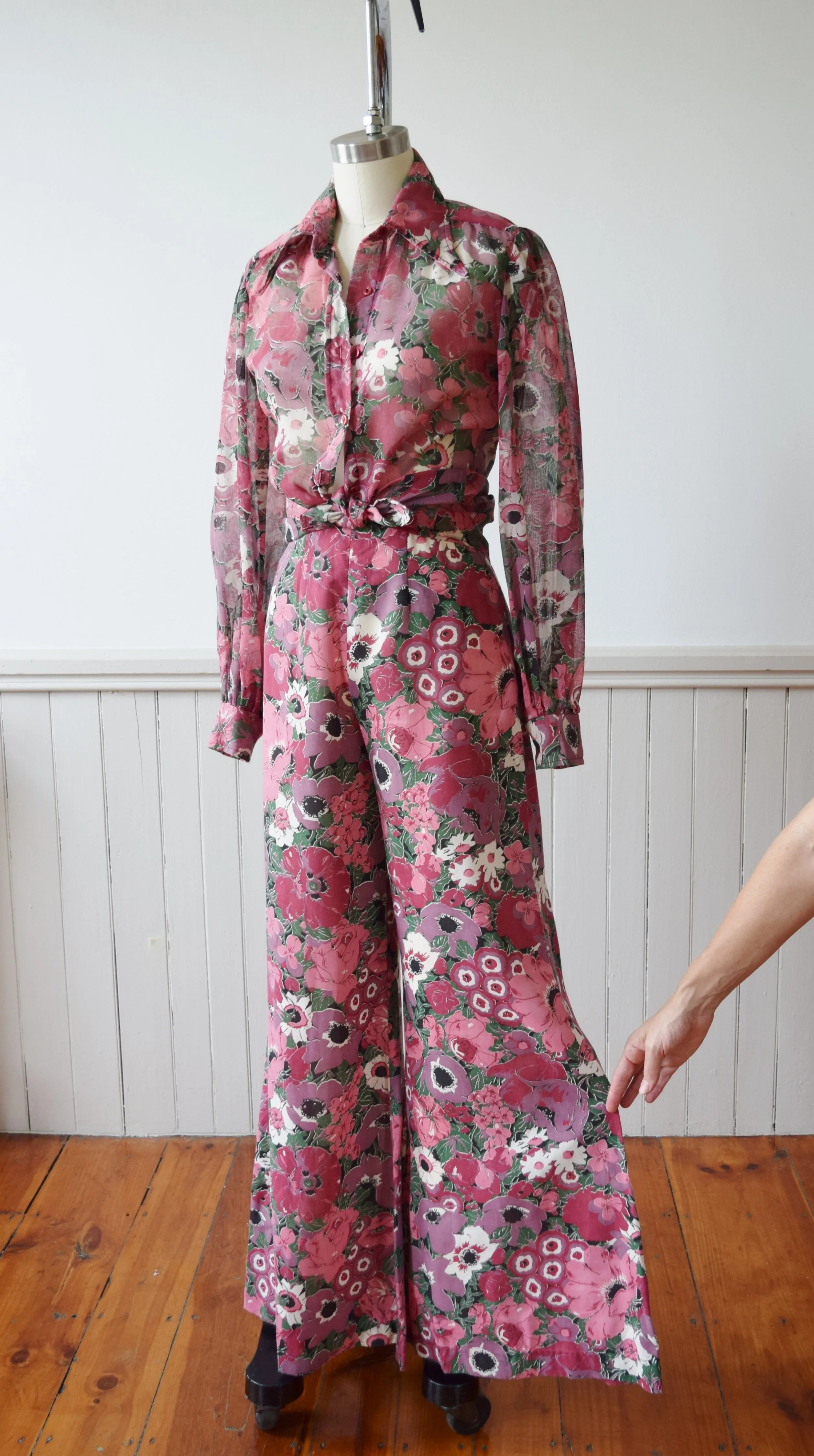 Floral Wide Leg Bellbottoms and Top | 1970s | XS