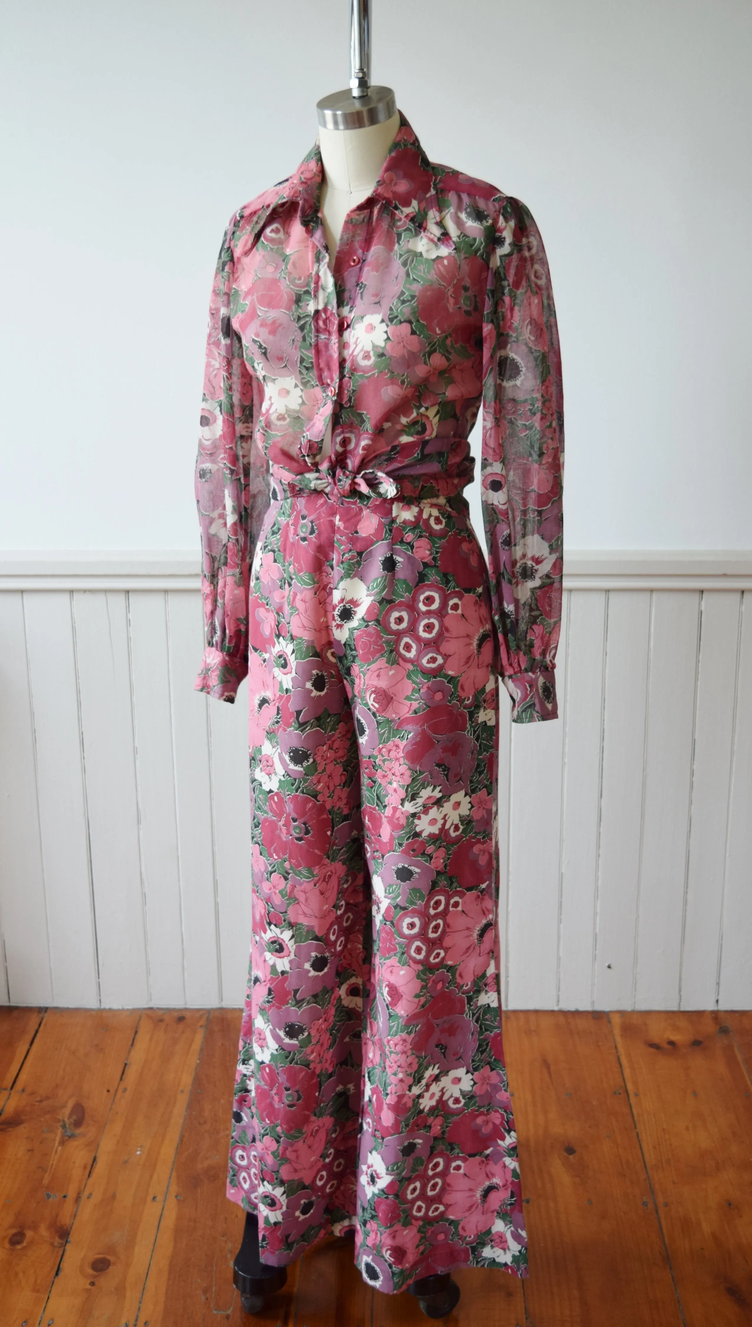 Floral Wide Leg Bellbottoms and Top | 1970s | XS