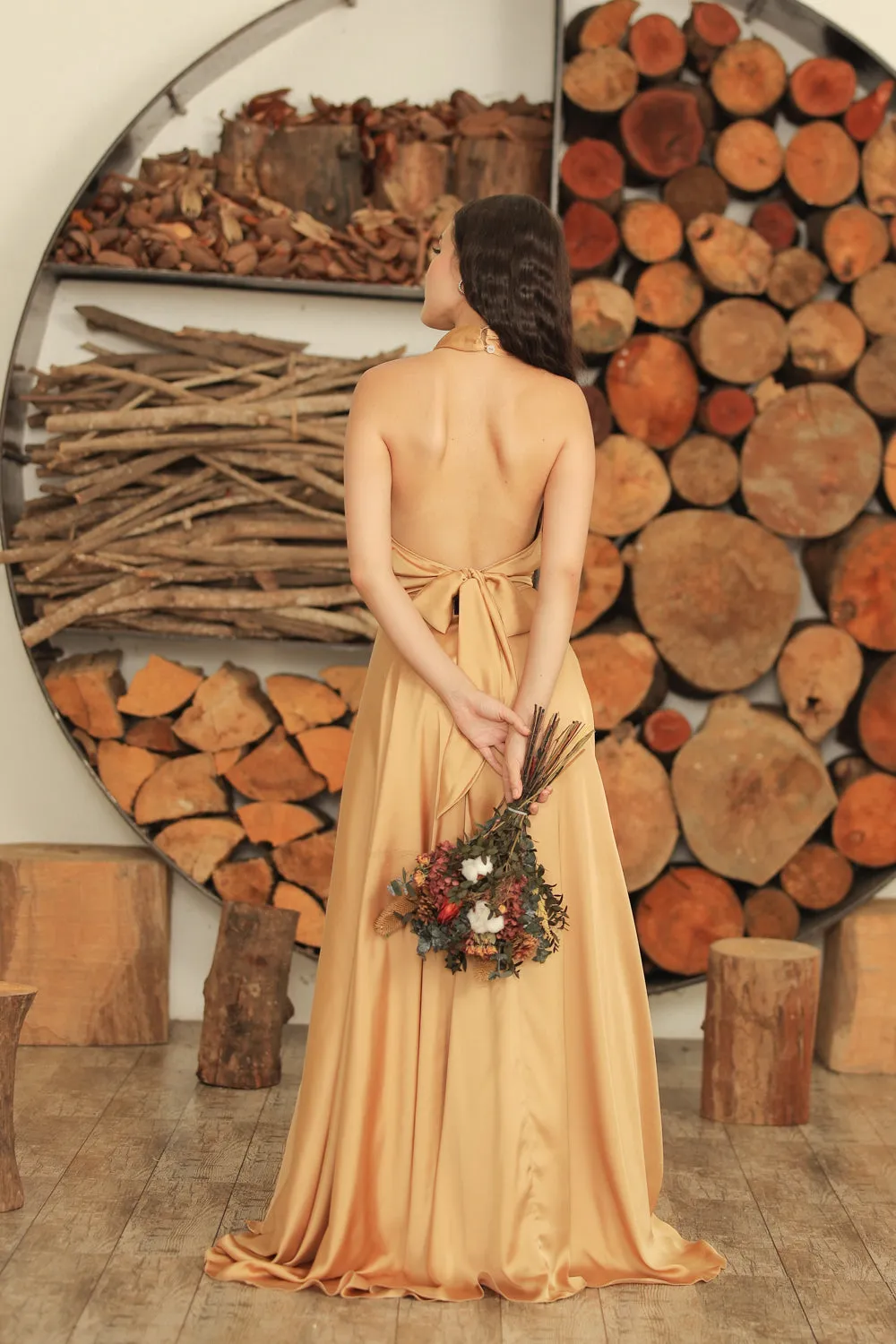 FLORENTINE SET DRESS Halter Tie Back Dress with Slit Maxi Skirt  (Bronze SC Silk)