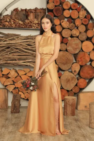 FLORENTINE SET DRESS Halter Tie Back Dress with Slit Maxi Skirt  (Bronze SC Silk)