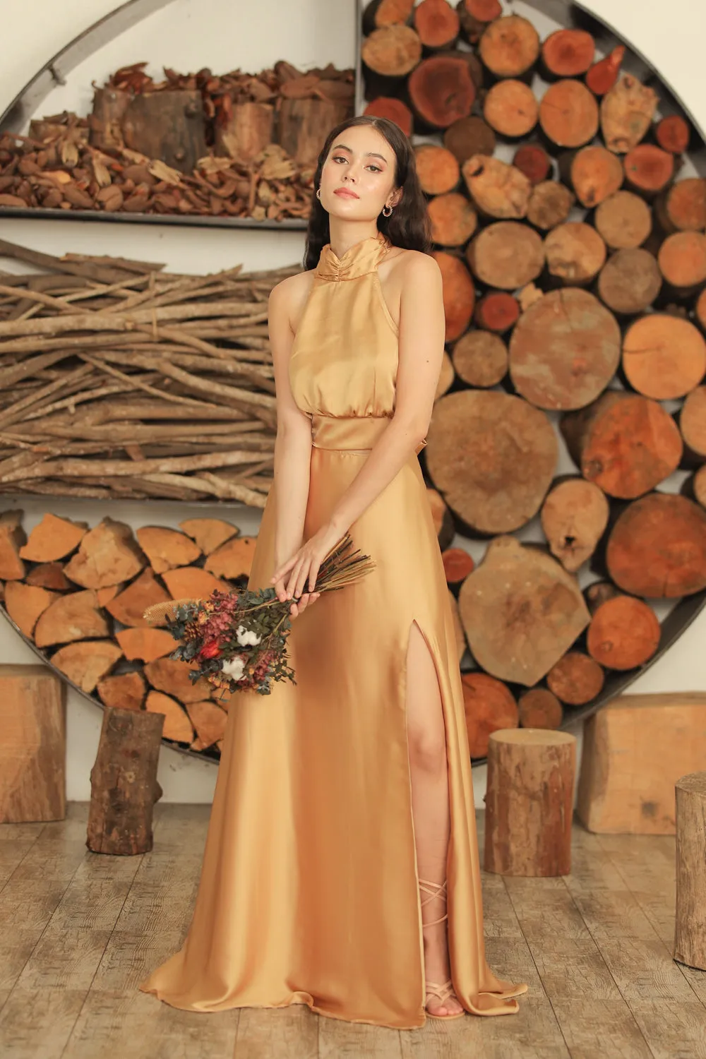 FLORENTINE SET DRESS Halter Tie Back Dress with Slit Maxi Skirt  (Bronze SC Silk)