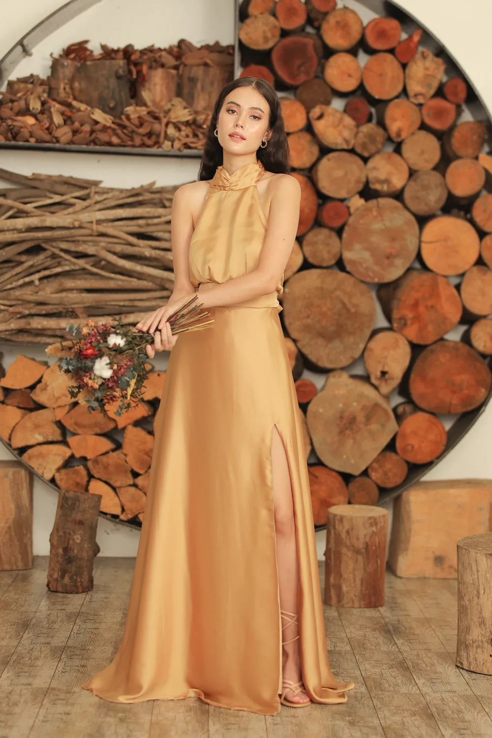 FLORENTINE SET DRESS Halter Tie Back Dress with Slit Maxi Skirt  (Bronze SC Silk)
