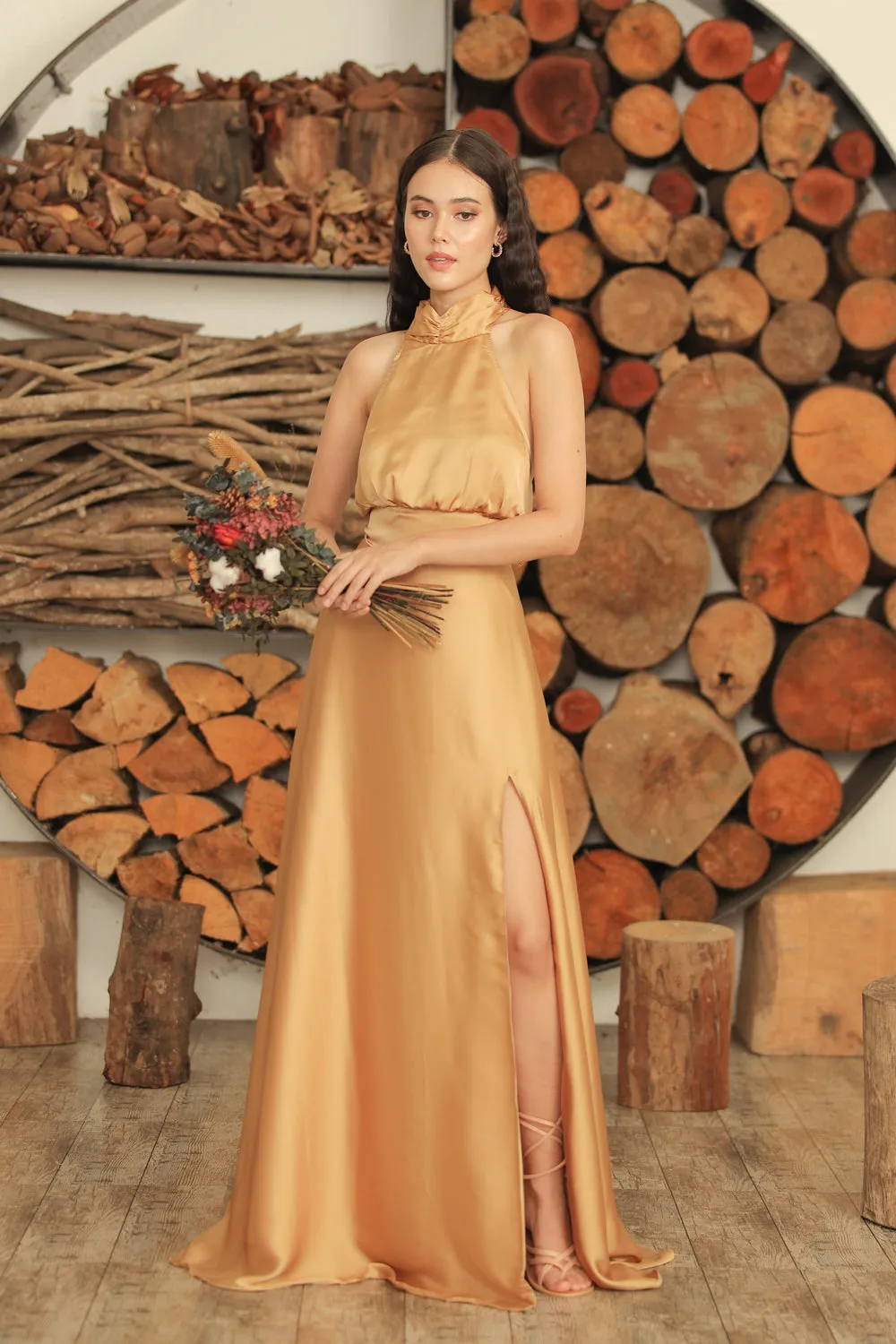 FLORENTINE SET DRESS Halter Tie Back Dress with Slit Maxi Skirt  (Bronze SC Silk)