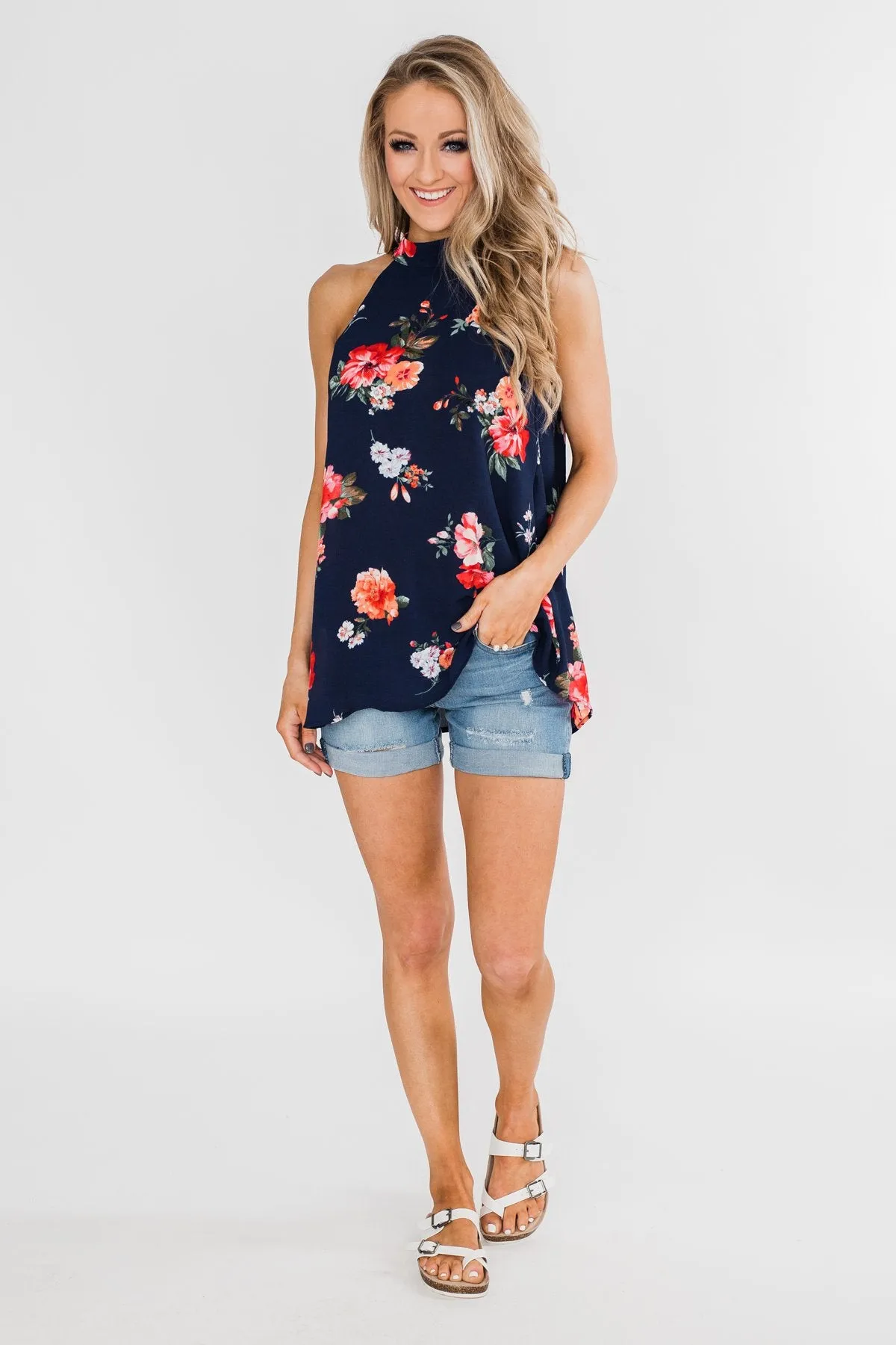Flourish in Floral Halter Tank Top- Navy